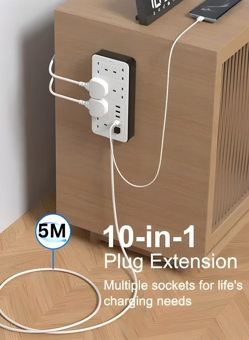 10-in-1 Power Strip Extension Socket 2500W 13A with 3 USB & 1 Type-C Ports, 5M Cable, Overload & Surge Protection, Flame-Retardant ABS, Universal Plug for Home & Office - Image 3
